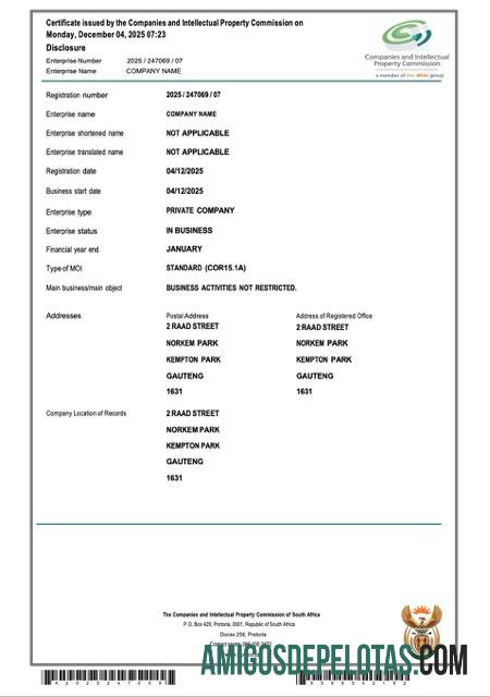 Certificado de registro de empresa da África do Sul para impressão, modelo Word e PDF, versão 2